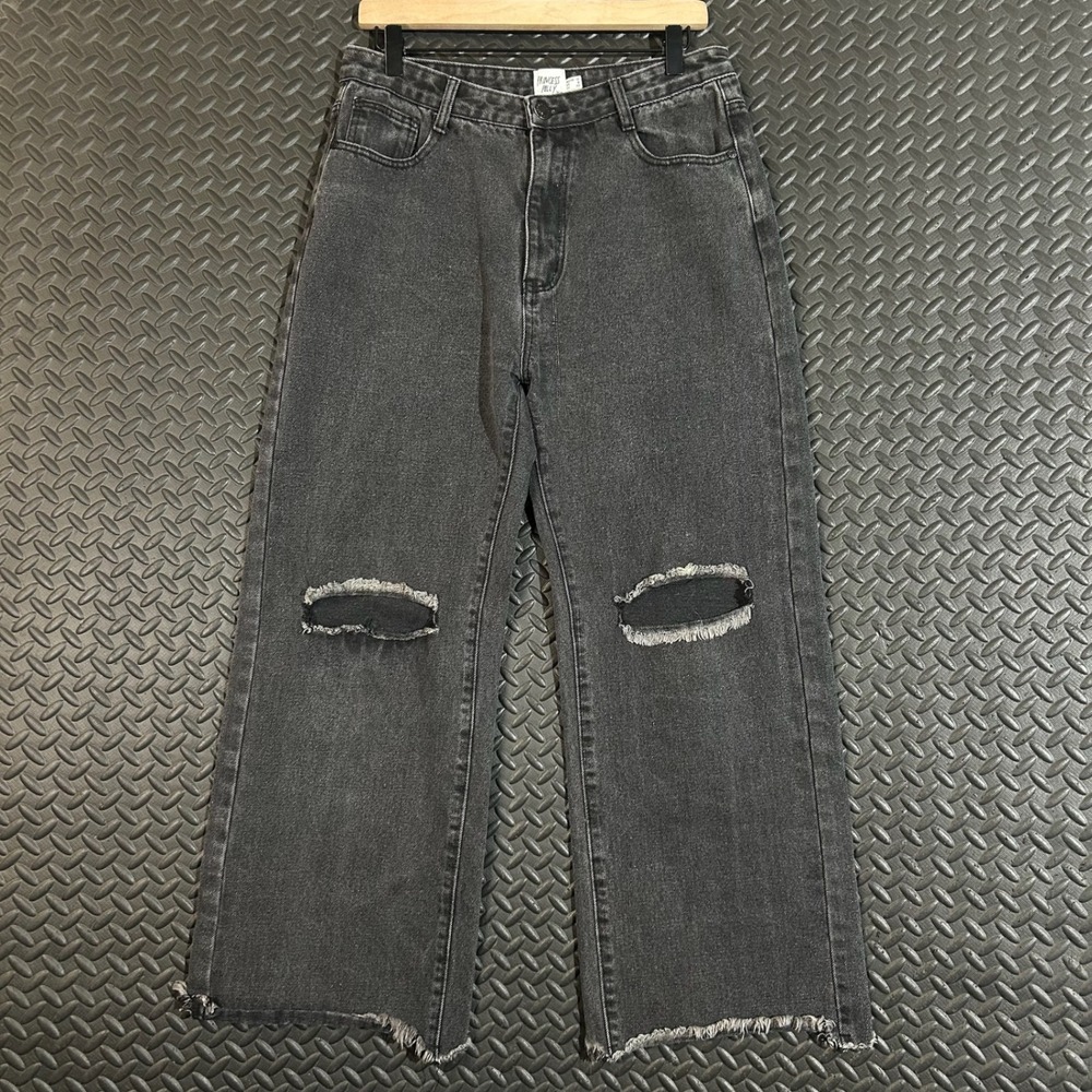 Princess Polly Gray Faded Distressed Knees Raw Hem Wide Leg Jeans Women's Size 8